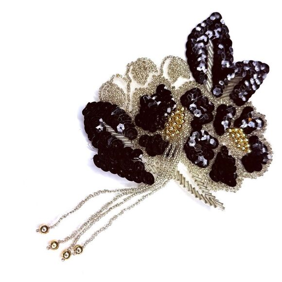 Black & Silver Beaded Sequin Floral Appliqué Patch with Dangles – 6.5” - Picture 1 of 10